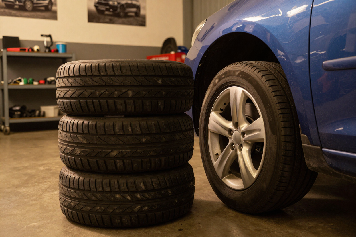 Stacked car tires beside a blue car in a garage