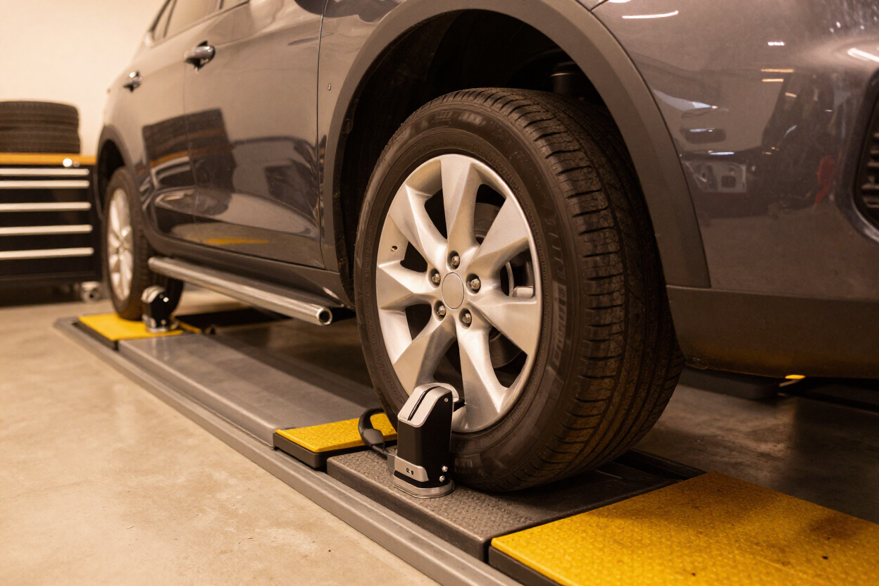 Car on a wheel alignment lift in a garage, with wheel clamps attached to the tire.