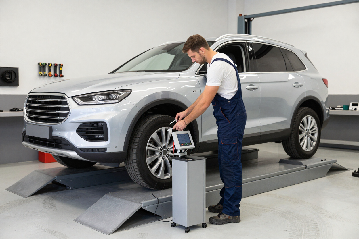 Mechanic inspecting a silver SUV on a wheel alignment machine in a garage