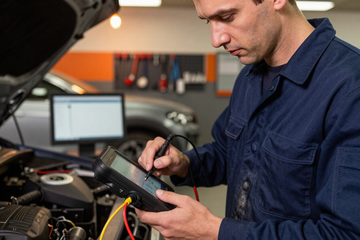 Mechanic using a diagnostic scanner under a car hood in a garage