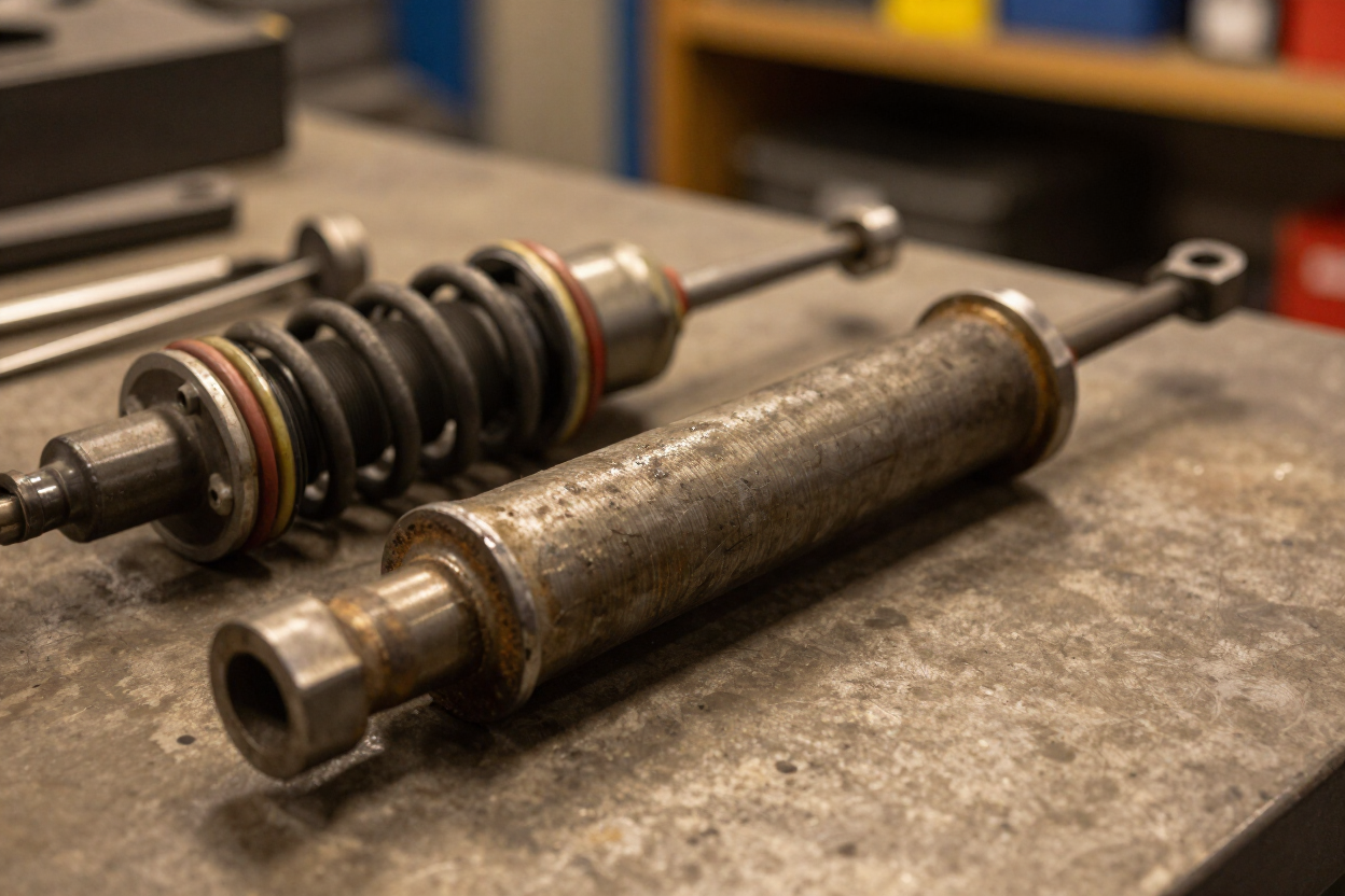 Two metal shock absorbers on a workbench, one disassembled with springs and parts exposed.