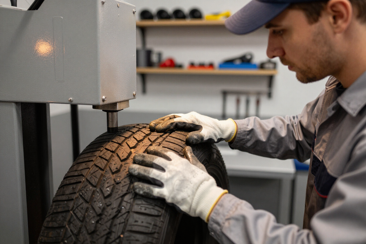 Mechanic inspecting a tire in a garage, wearing gloves and a cap