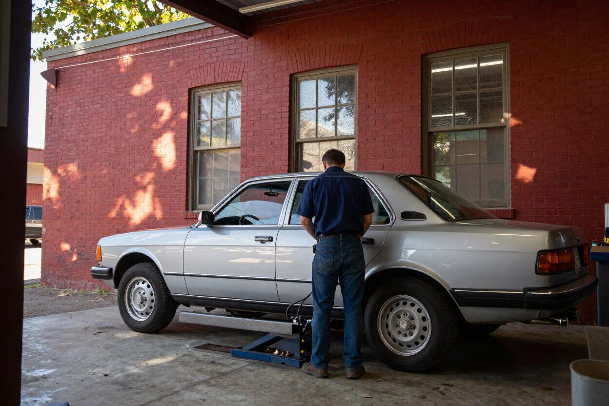 Person standing beside a silver car in a driveway next to a red brick building