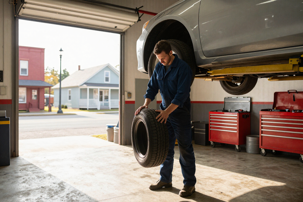 Mechanic changing a tire in an auto shop garage near a lifted silver car