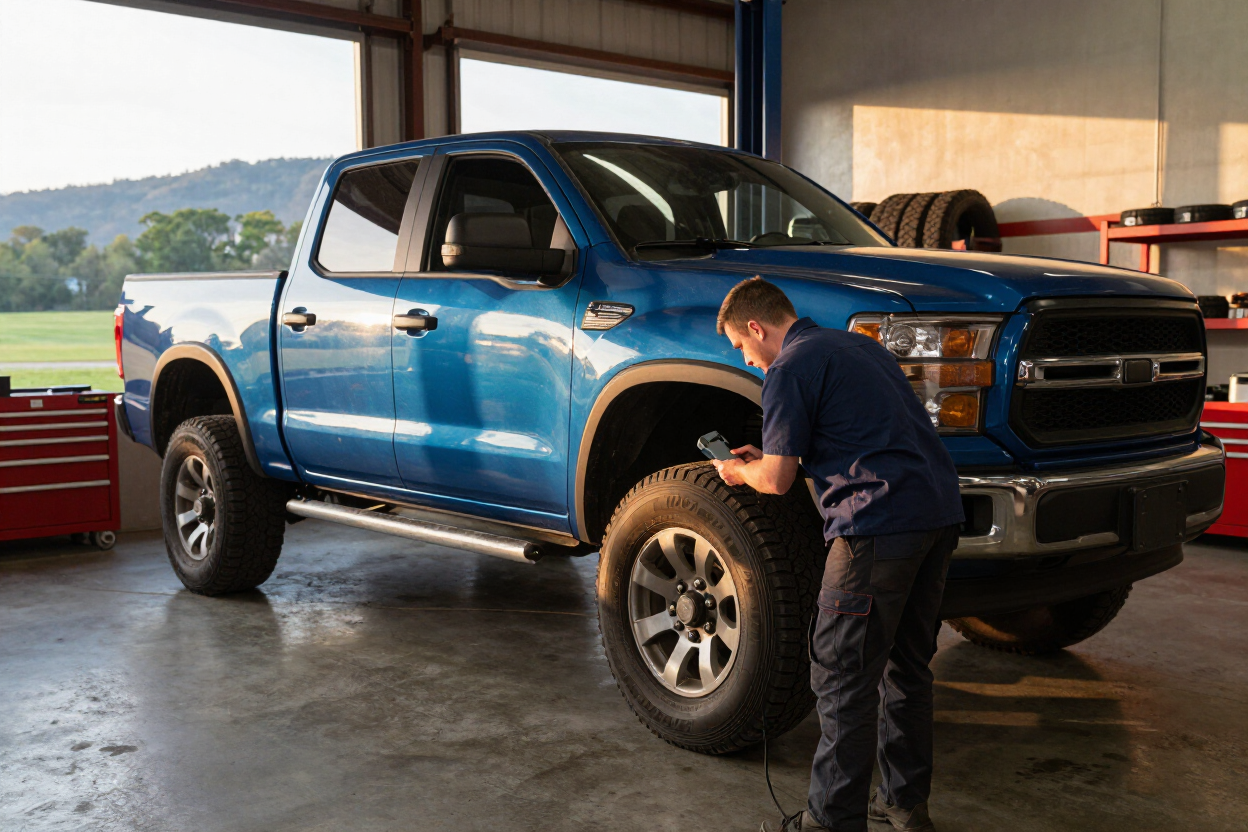 Mechanic inspecting the front wheel of a blue pickup truck in a garage