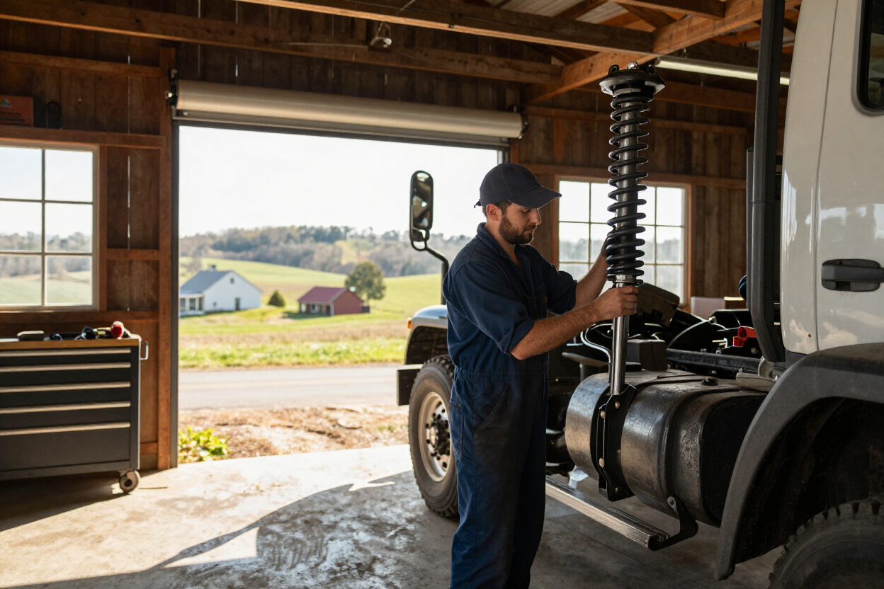Mechanic in blue coveralls working on a large truck inside a garage, with a rural landscape outside.