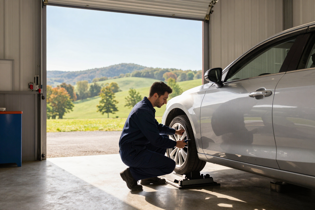 Mechanic kneeling beside a silver car in a garage, inspecting the front wheel with countryside visible outside.