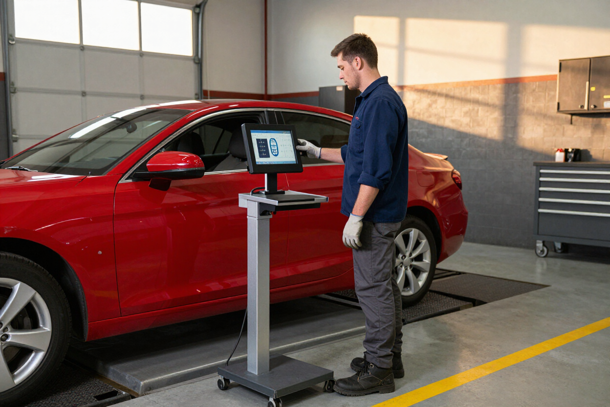Mechanic inspecting a red car with a diagnostic screen in an auto service bay