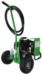 Green and black portable pressure washer on wheels with handle and hose.