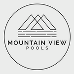 Black-and-white Mountain View Pools logo with stylized mountains inside a circle