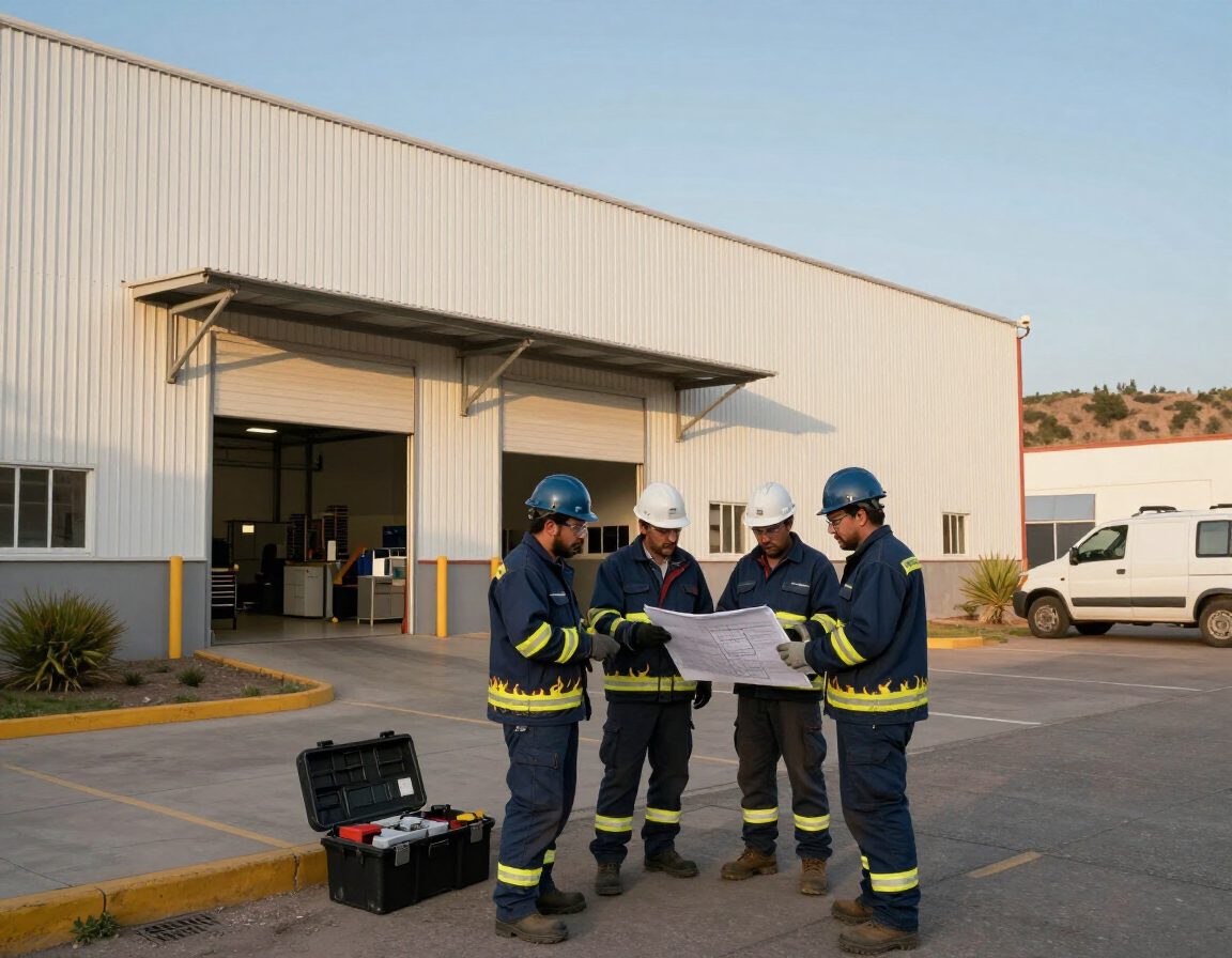 Cuatro bomberos uniformados de azul estudian un mapa frente a un edificio industrial de color beige, con una caja de herramientas cerca.