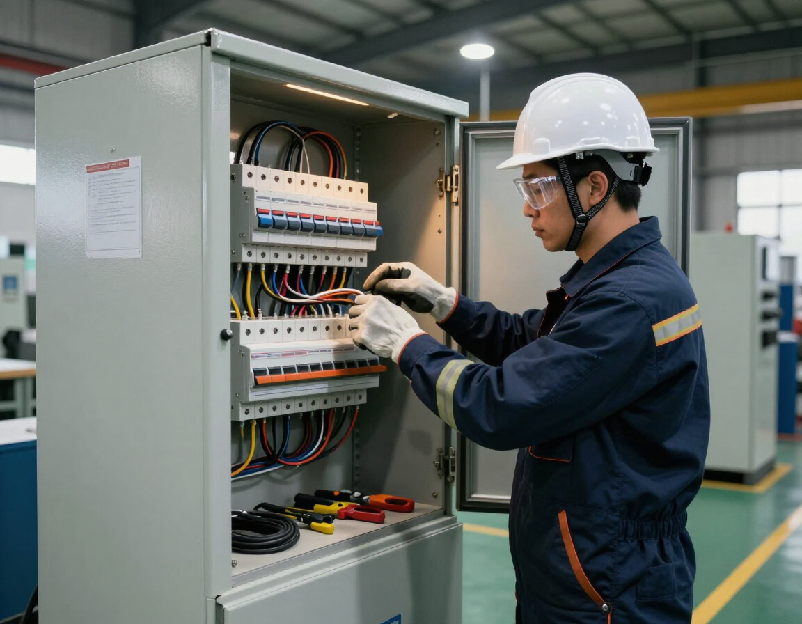 Técnico con casco ajustando el cableado dentro de un panel de control eléctrico en una fábrica.