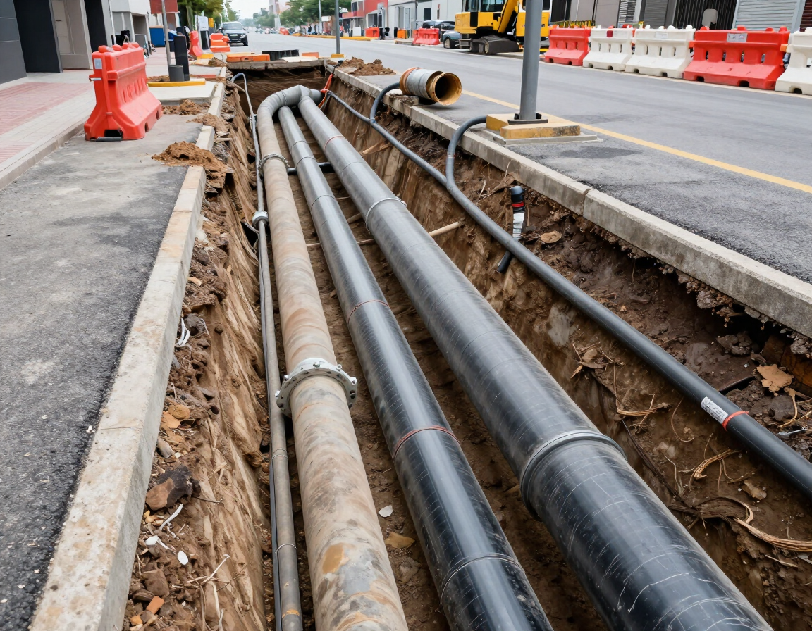 Zanja de obras viales con grandes tuberías negras de servicios públicos junto a una calle y barreras de tráfico