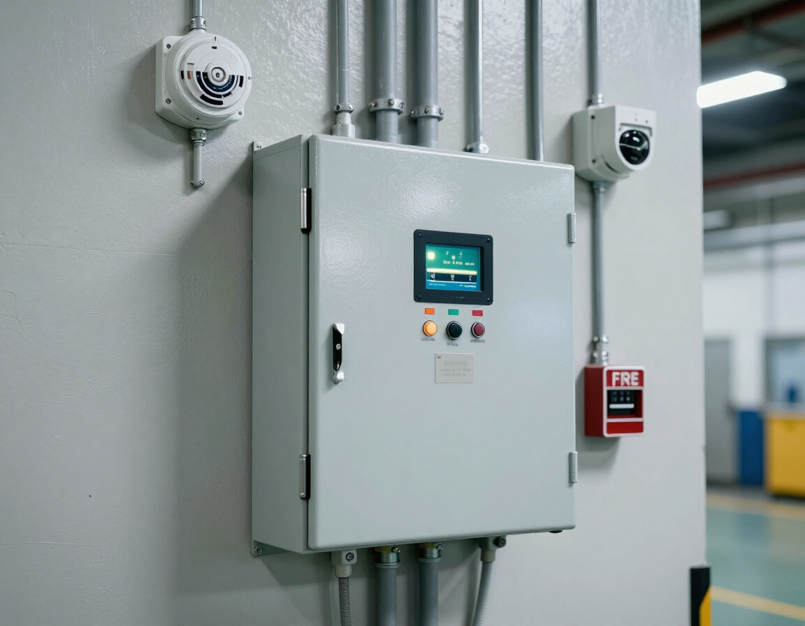 Panel de control industrial montado en la pared, con pantalla, botones y tuberías en el pasillo de una fábrica
