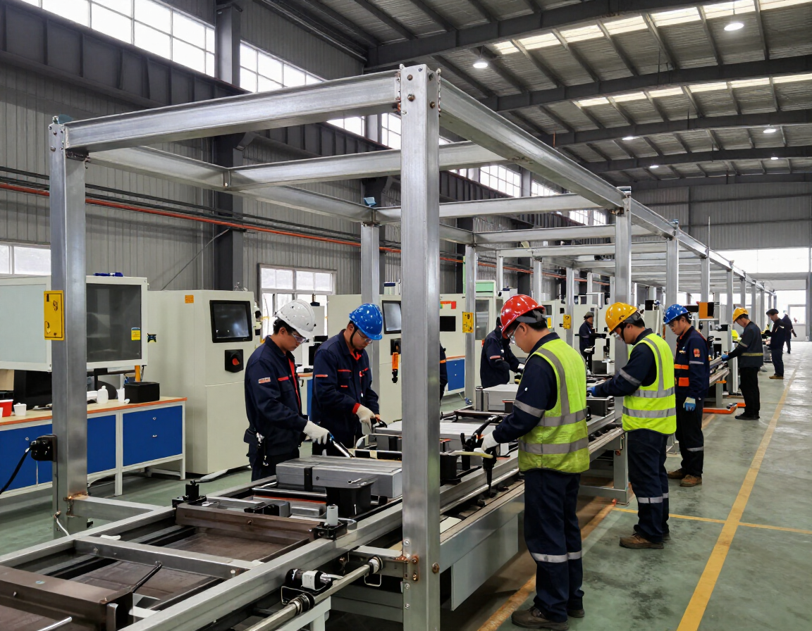 Trabajadores con cascos y chalecos de seguridad inspeccionan la maquinaria en la planta de una fábrica