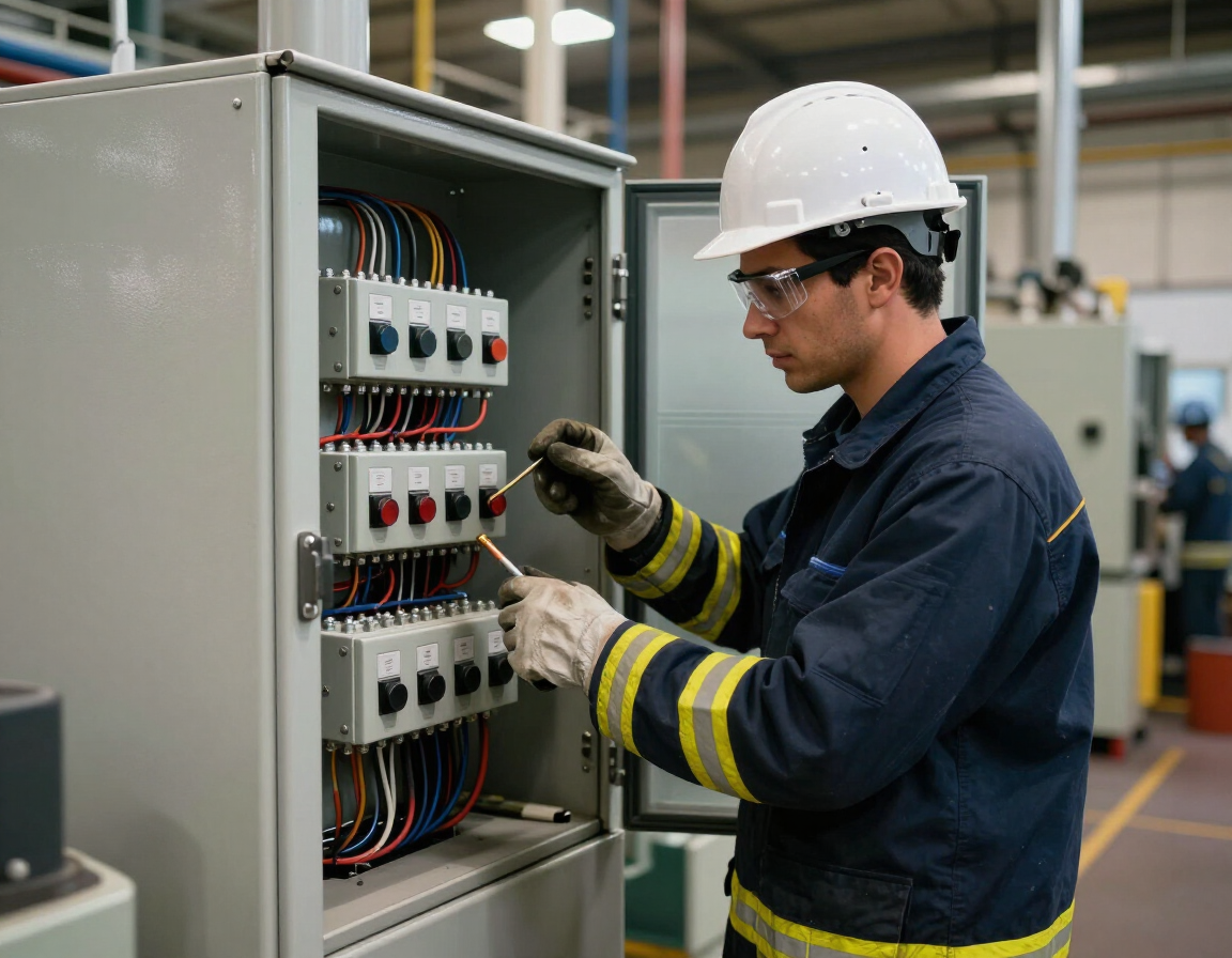Un técnico con casco de seguridad ajusta el cableado de un armario de control eléctrico abierto.