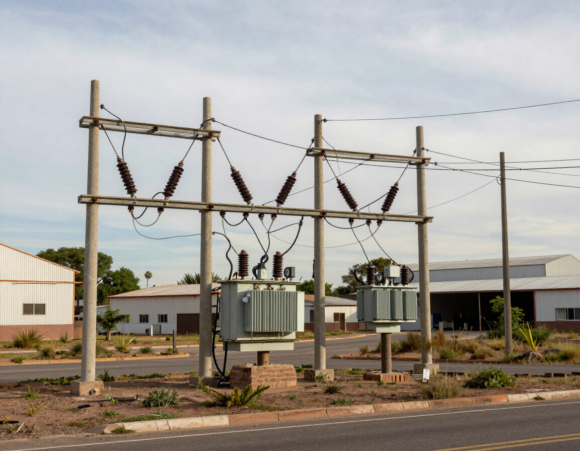 Subestación eléctrica exterior con transformadores y líneas eléctricas junto a edificios industriales bajos