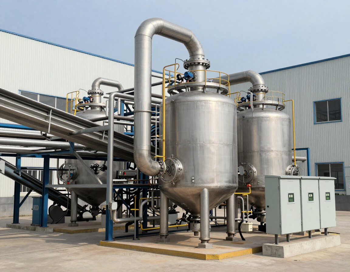 Tanques y tuberías industriales de acero inoxidable en el exterior de una fábrica.