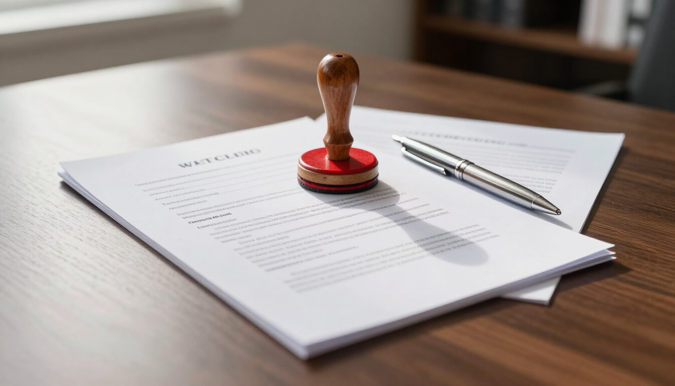 Rubber stamp on a stack of documents beside a pen on a wooden desk