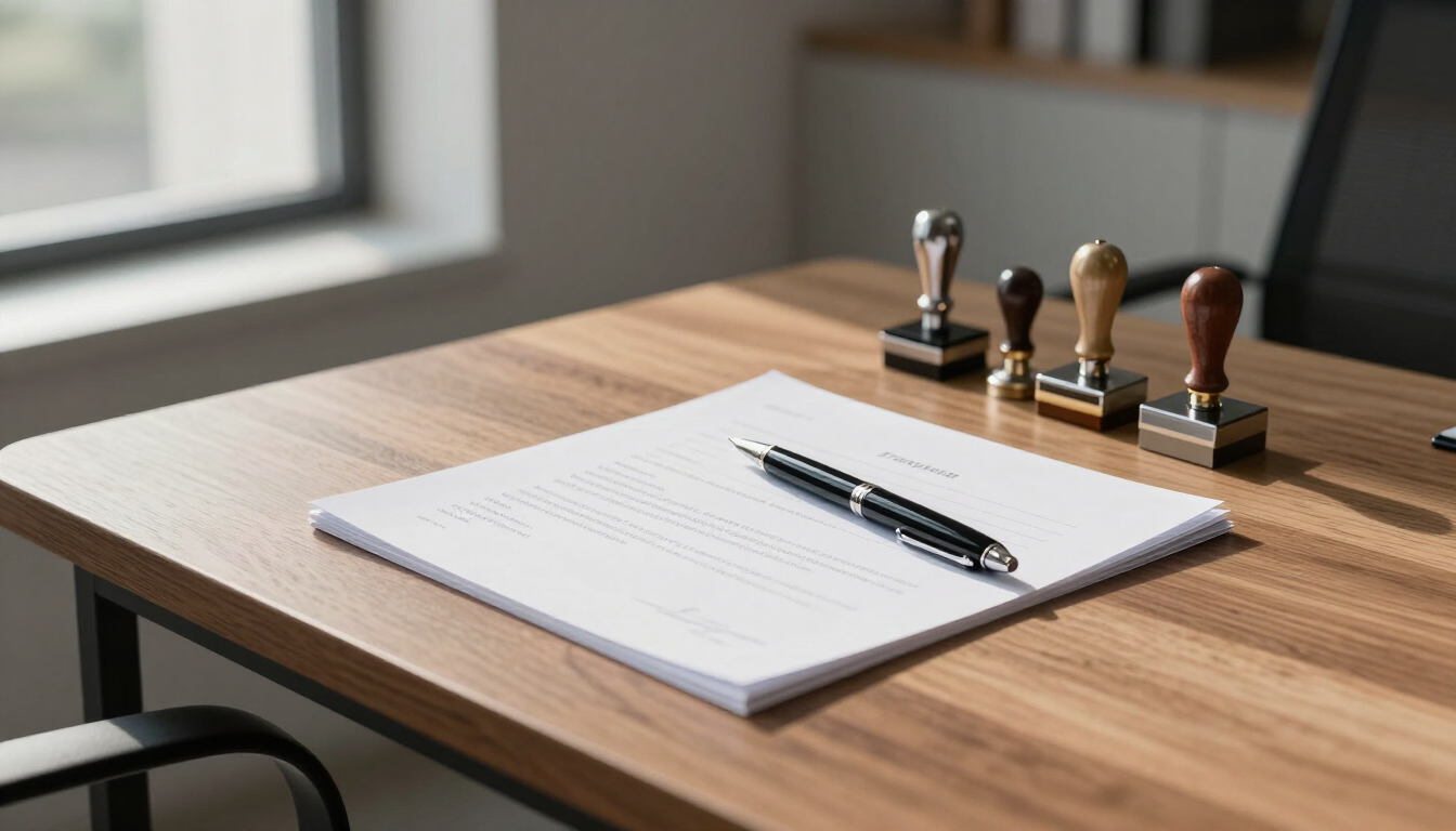 Wooden desk by a window with a notepad, pen, and two rubber stamps