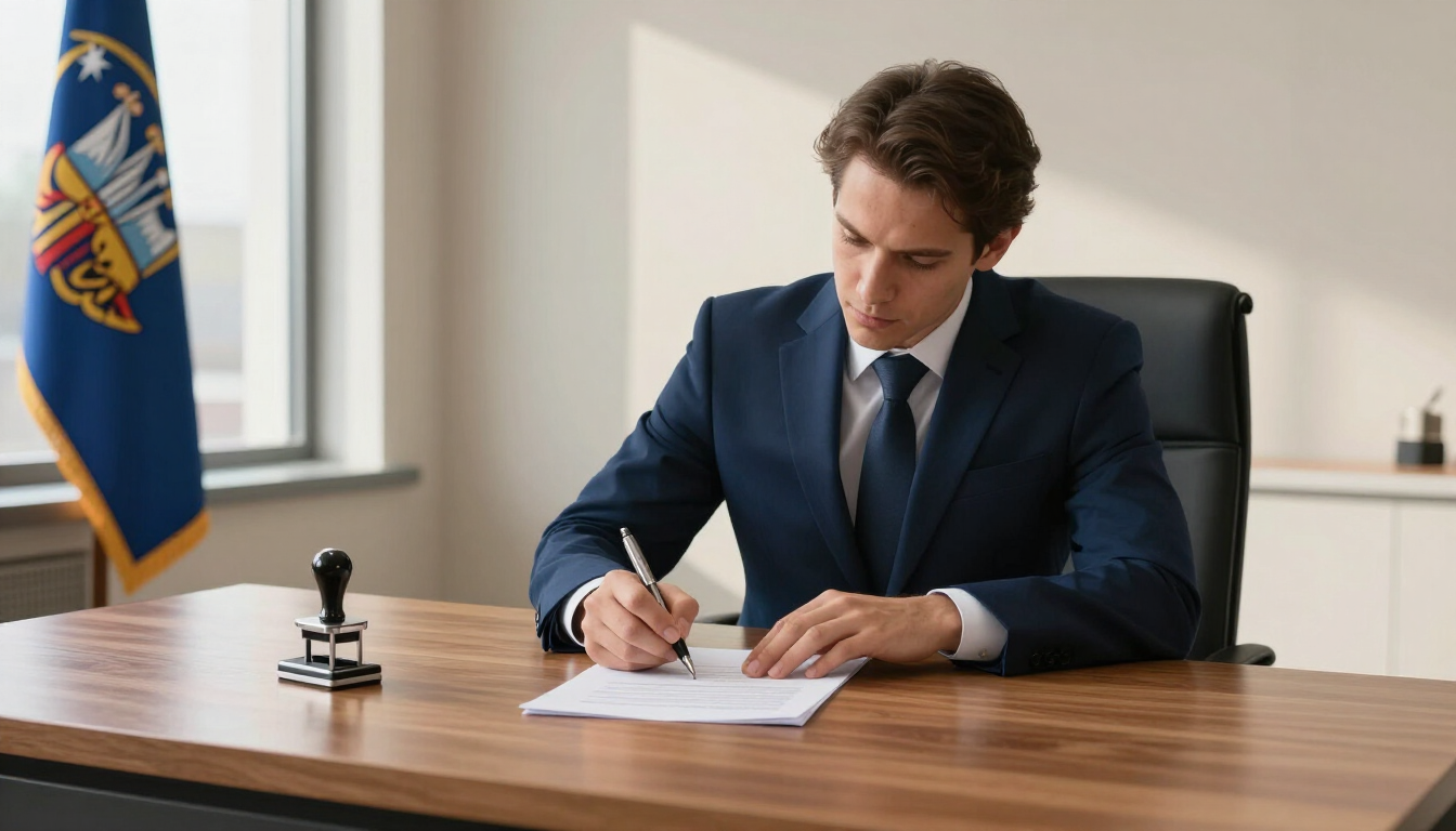Man in a navy suit signs a document at a wooden desk in a bright office.