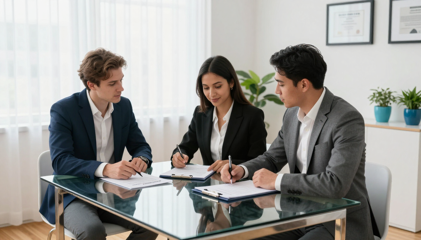 Three coworkers in business attire discuss documents at a glass conference table in a bright office.