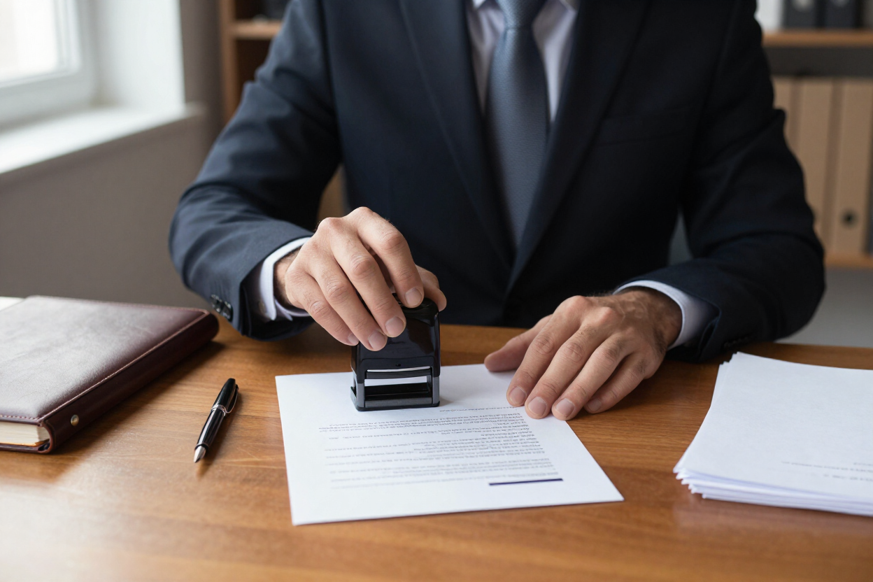 Person stamping a document at a desk with papers and a pen beside a window