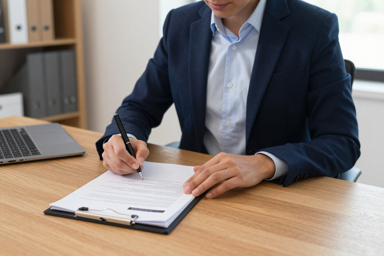 Person in a navy suit writing on a clipboard at a desk with a laptop nearby.