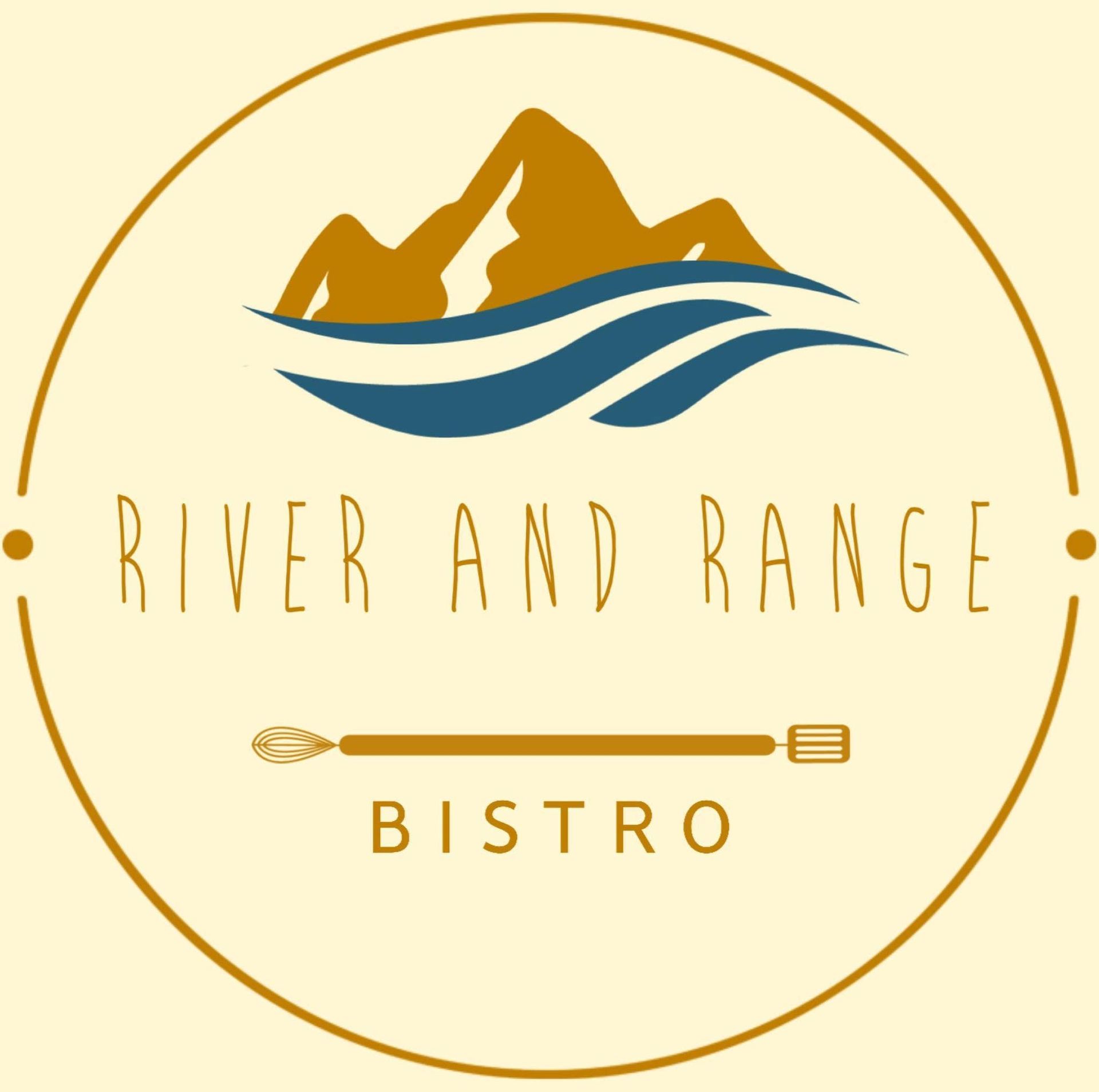 River and Range Bistro logo with mountains, flowing river, and gold circular border