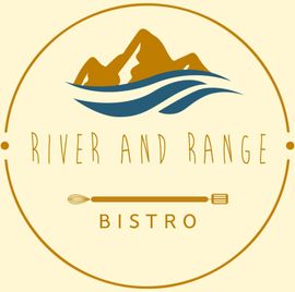 River and Range Bistro logo with mountains, flowing river, and gold circular border