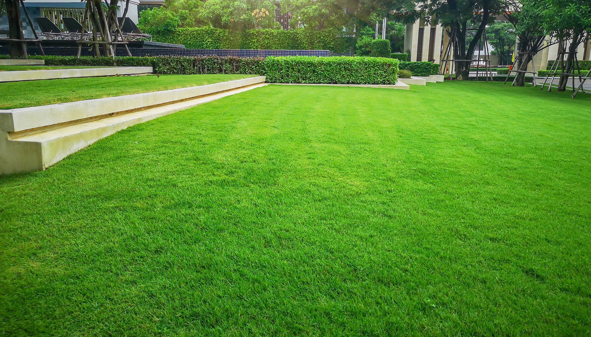 Lush green lawn with tiered concrete structure and trimmed hedges in a sunny outdoor setting.