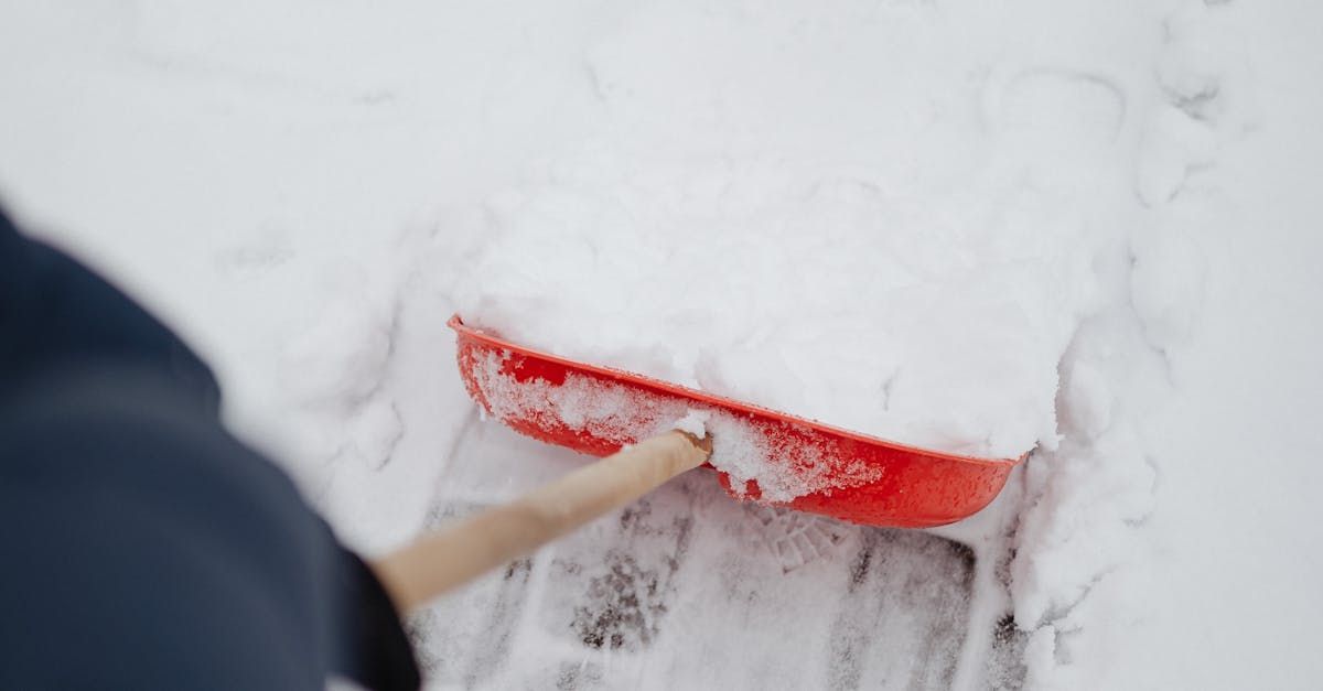 A person is shoveling snow with a red shovel.
