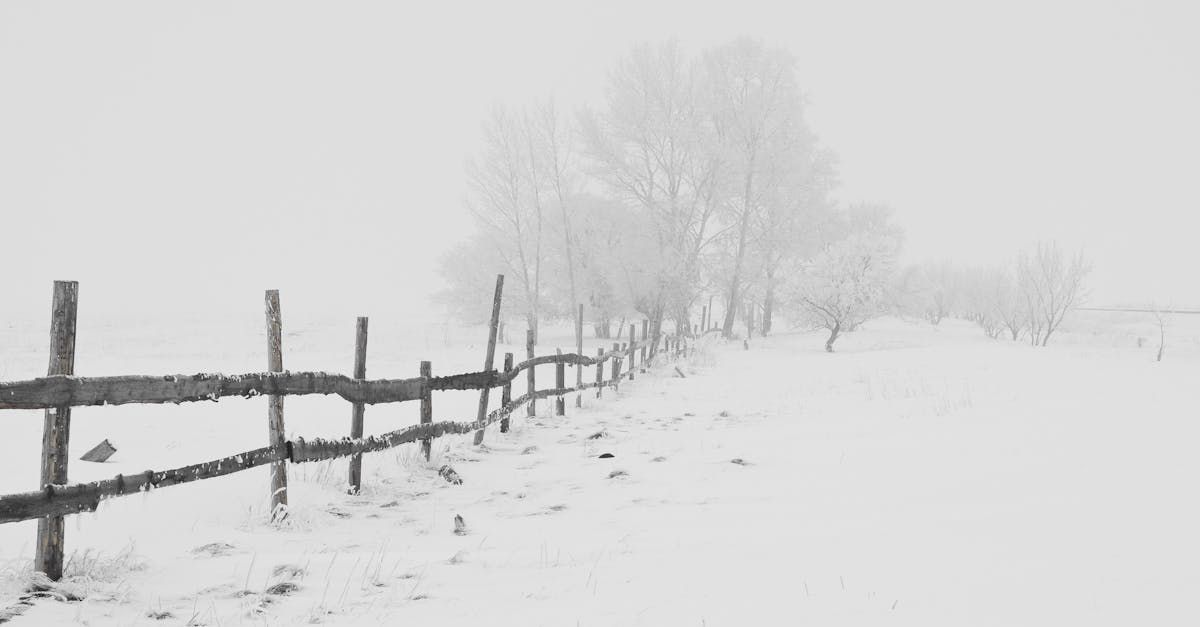 A black and white photo of a wooden fence in the snow.