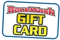 Racewash gift card with red and yellow lettering on a white background, outlined in blue.