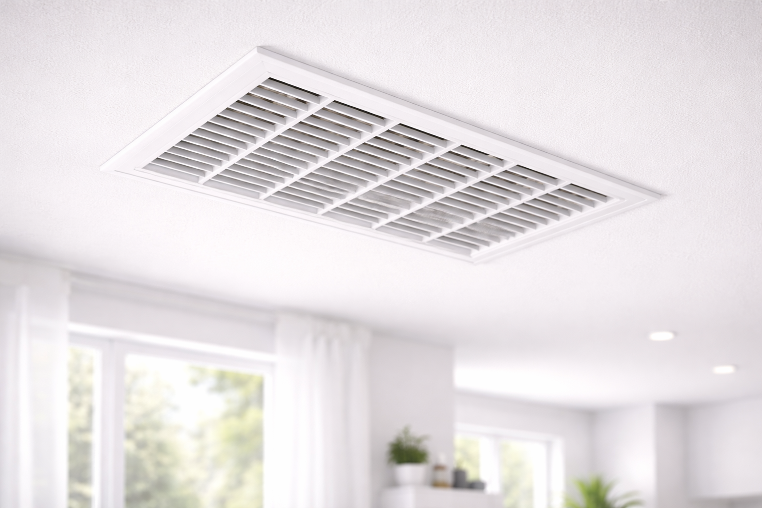 White rectangular HVAC vent grill mounted on a white ceiling in a blurred room setting.
