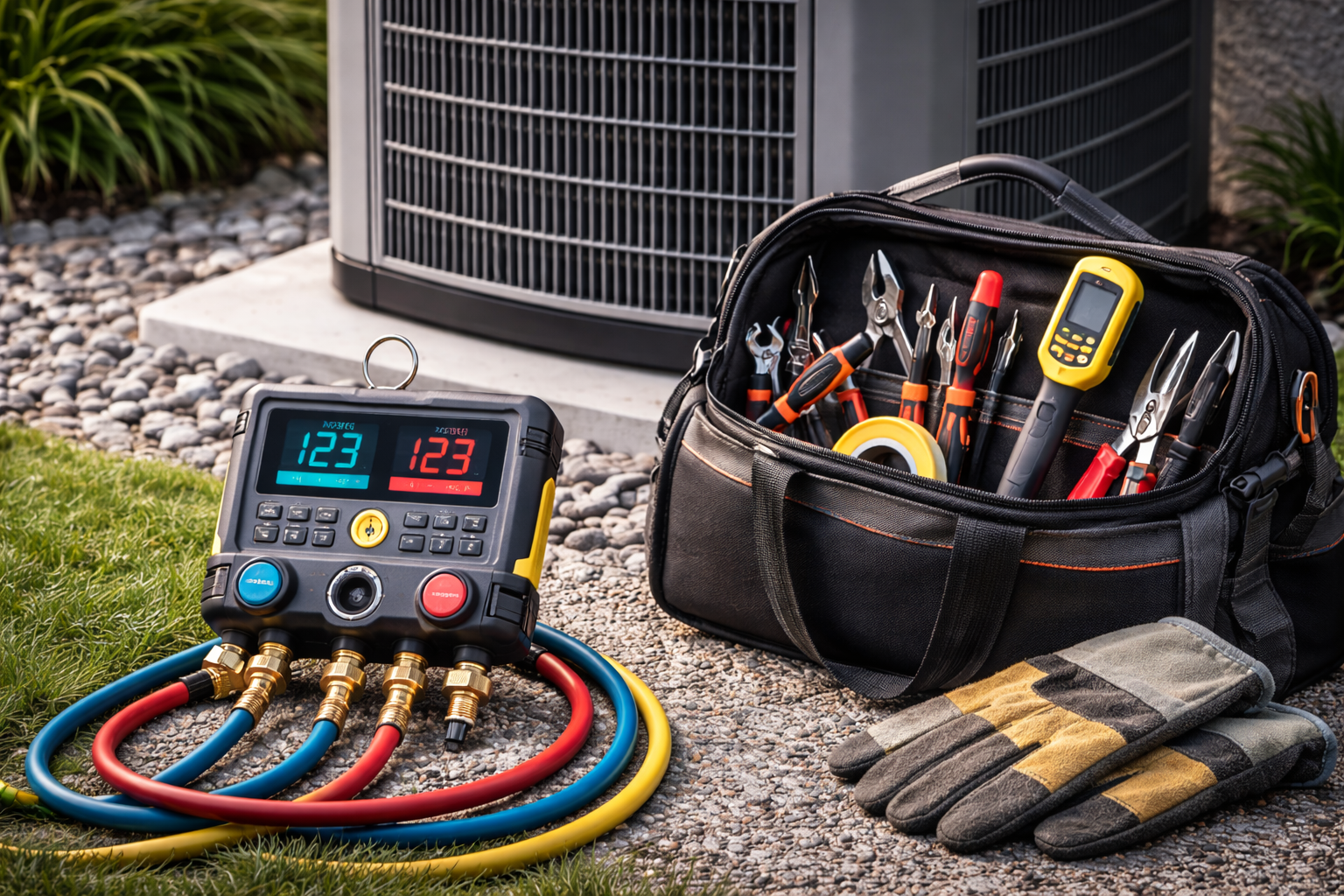 HVAC diagnostic equipment, tools, and work gloves placed on a gravel ground next to an outdoor air conditioning unit.