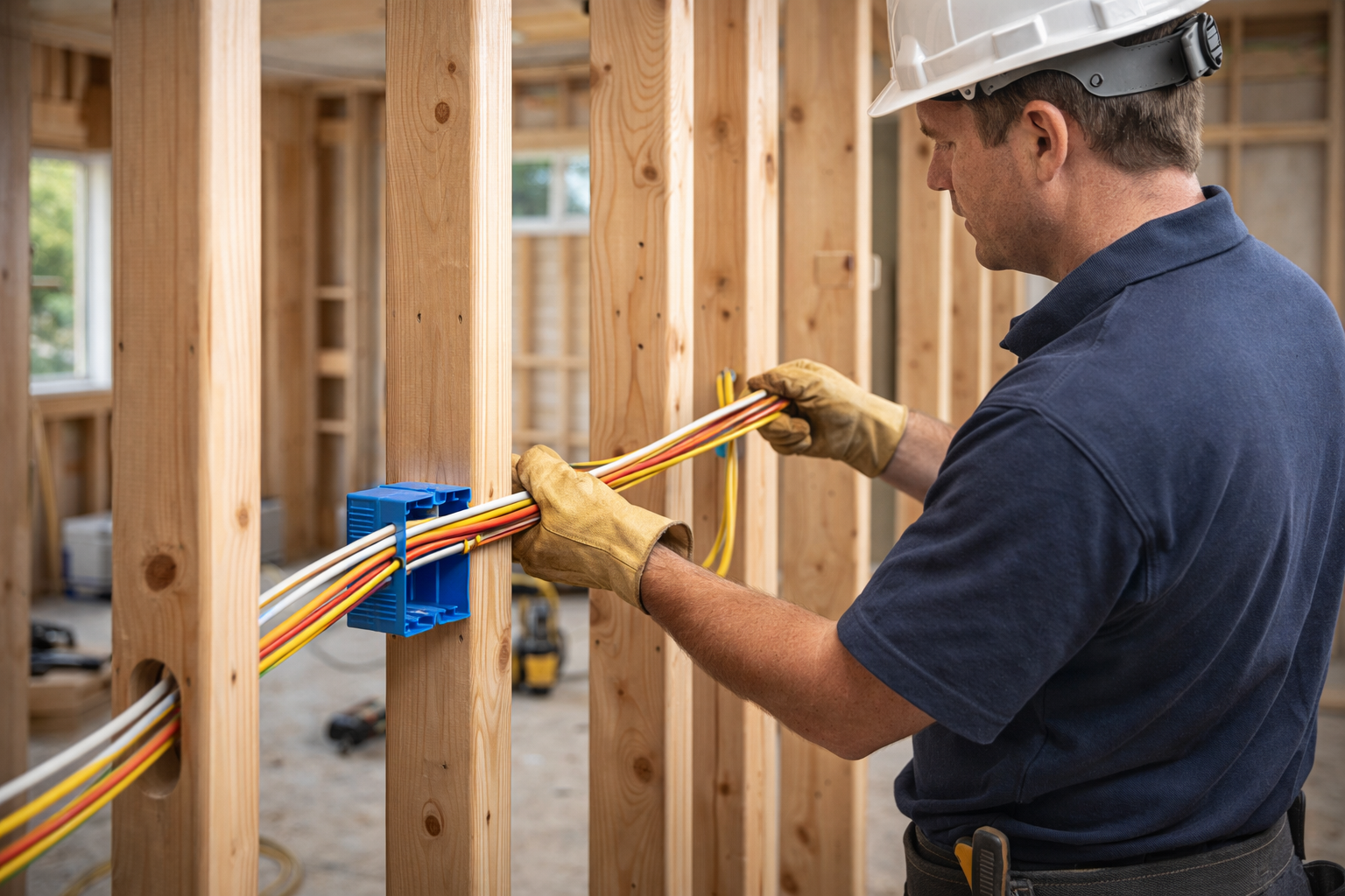 An electrician in a hard hat and gloves installs electrical wires through wooden wall studs at a construction site.