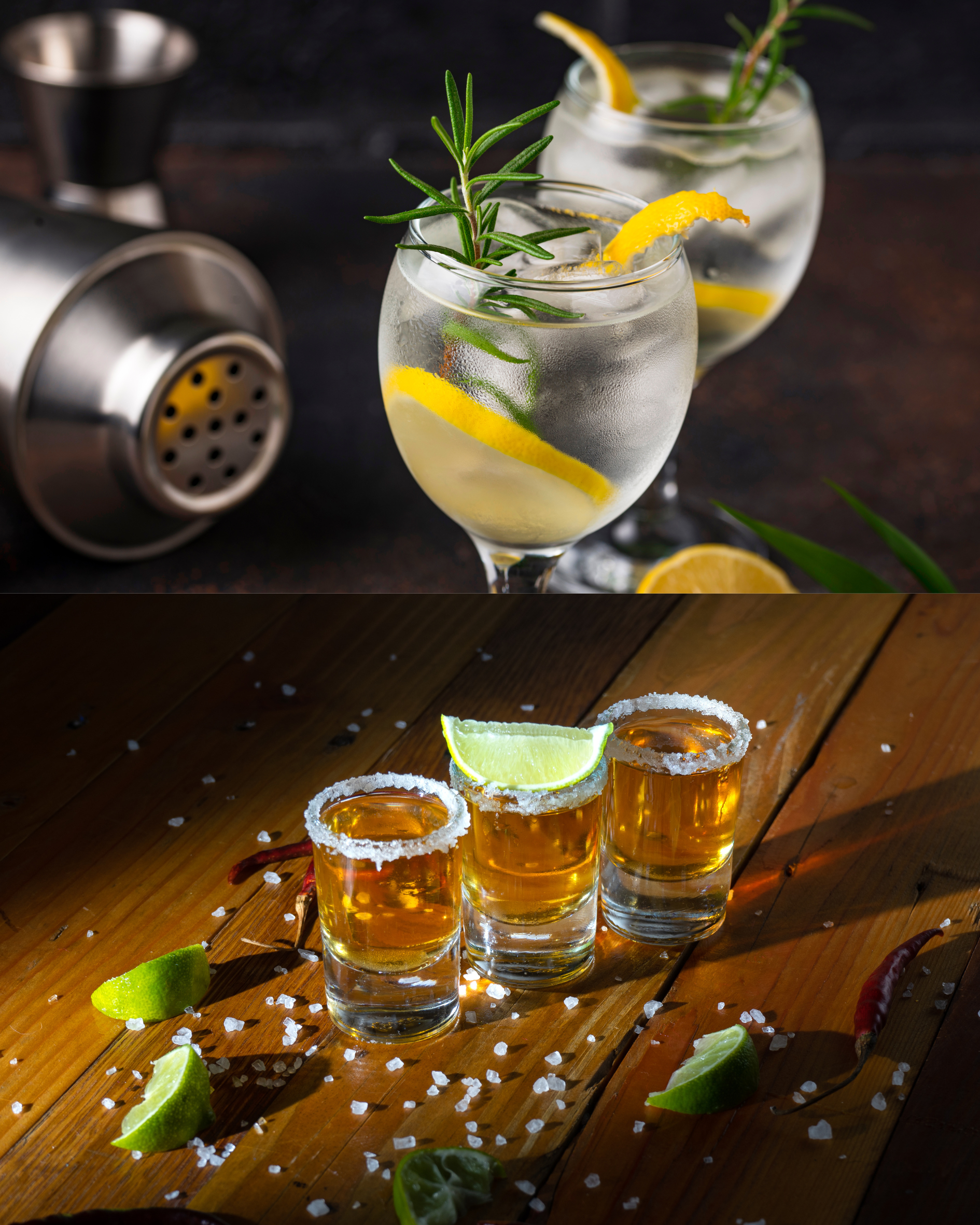 Three glasses of gin and three shots of tequila on a wooden table.