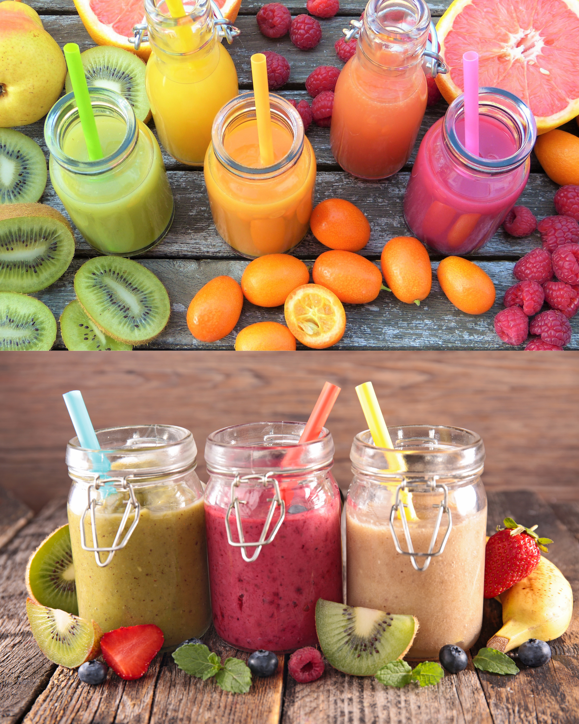 A variety of fruit smoothies in jars with straws on a wooden table.