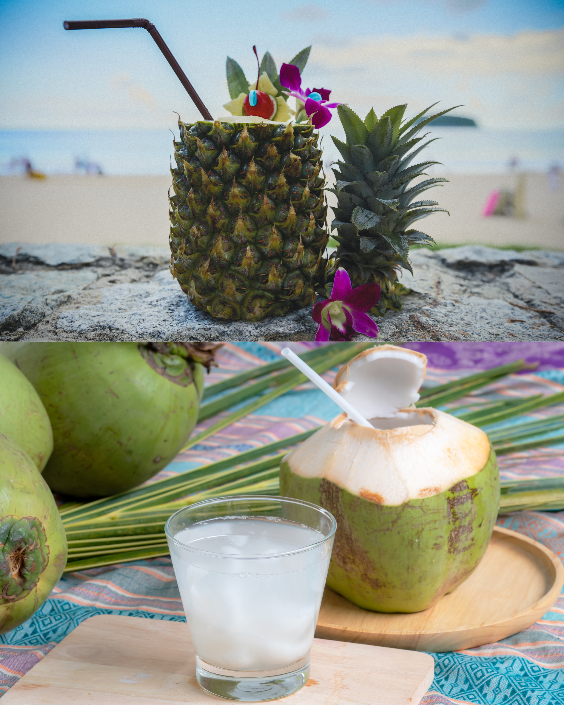 A glass of coconut water next to a pineapple on the beach.