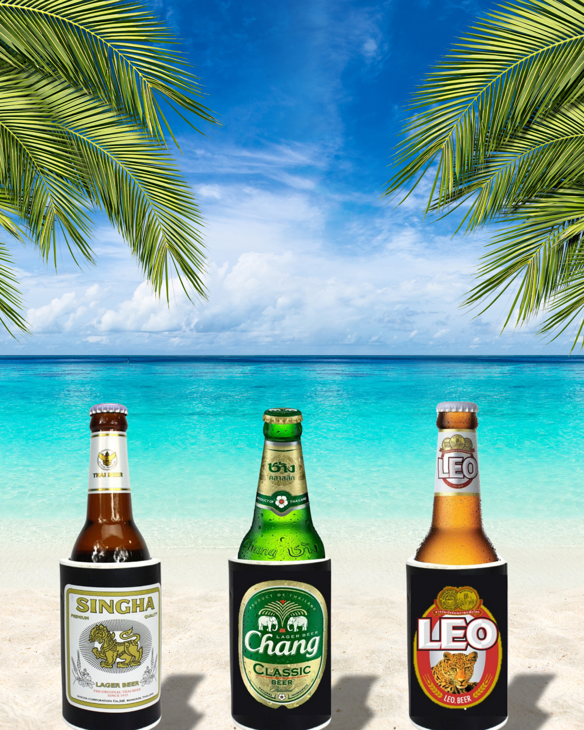 Three bottles of beer are sitting on a beach with palm trees in the background.