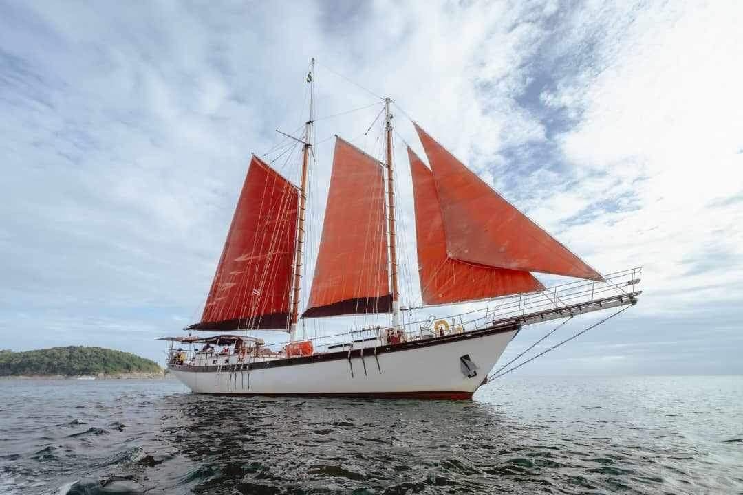 A large sailboat - schooner - with red sails is floating on top of a body of water.
