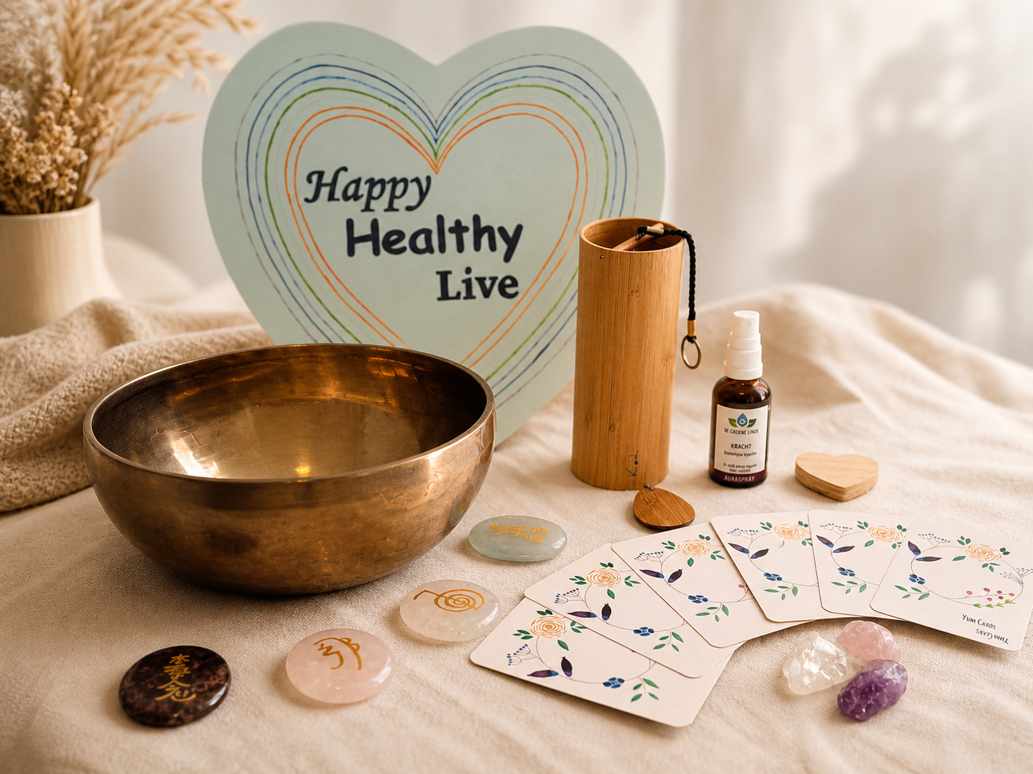 Materialen voor holistische therapie en reiki zoals klankschaal, gong, edelstenen en kaarten