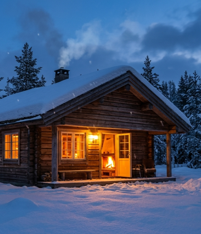 Houten blokhut in sneeuw met warm licht en openhaard als symbool voor rust en veiligheid