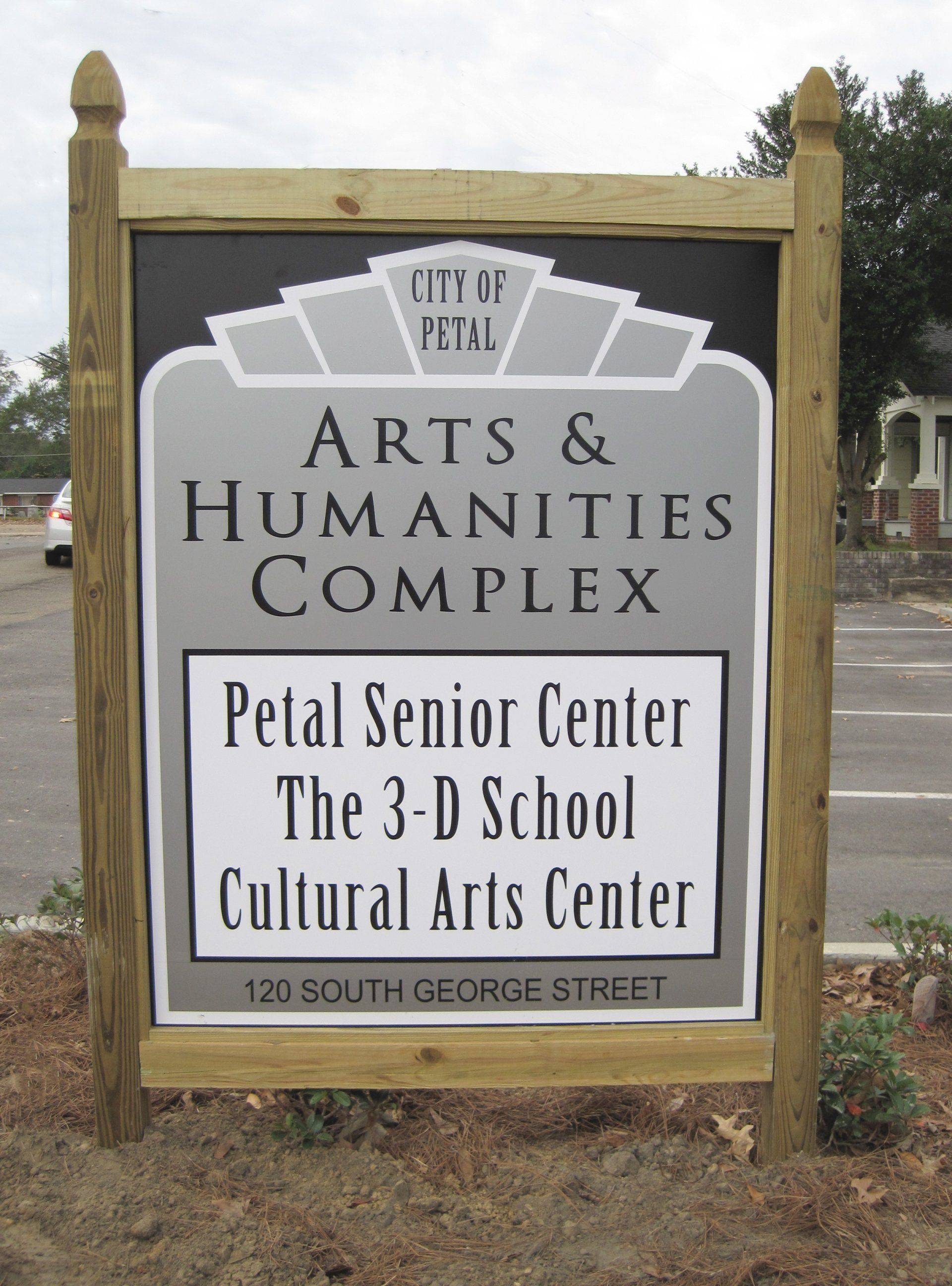 A sign for the City of Petal Arts & Humanities Complex located at 120 South George Street.