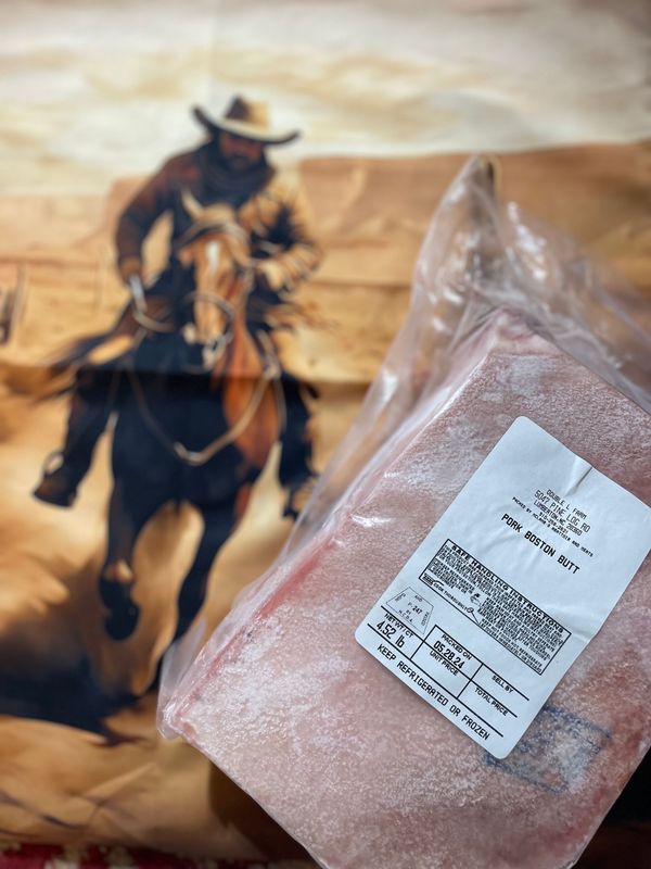 A picture of a cowboy riding a horse next to a package of meat