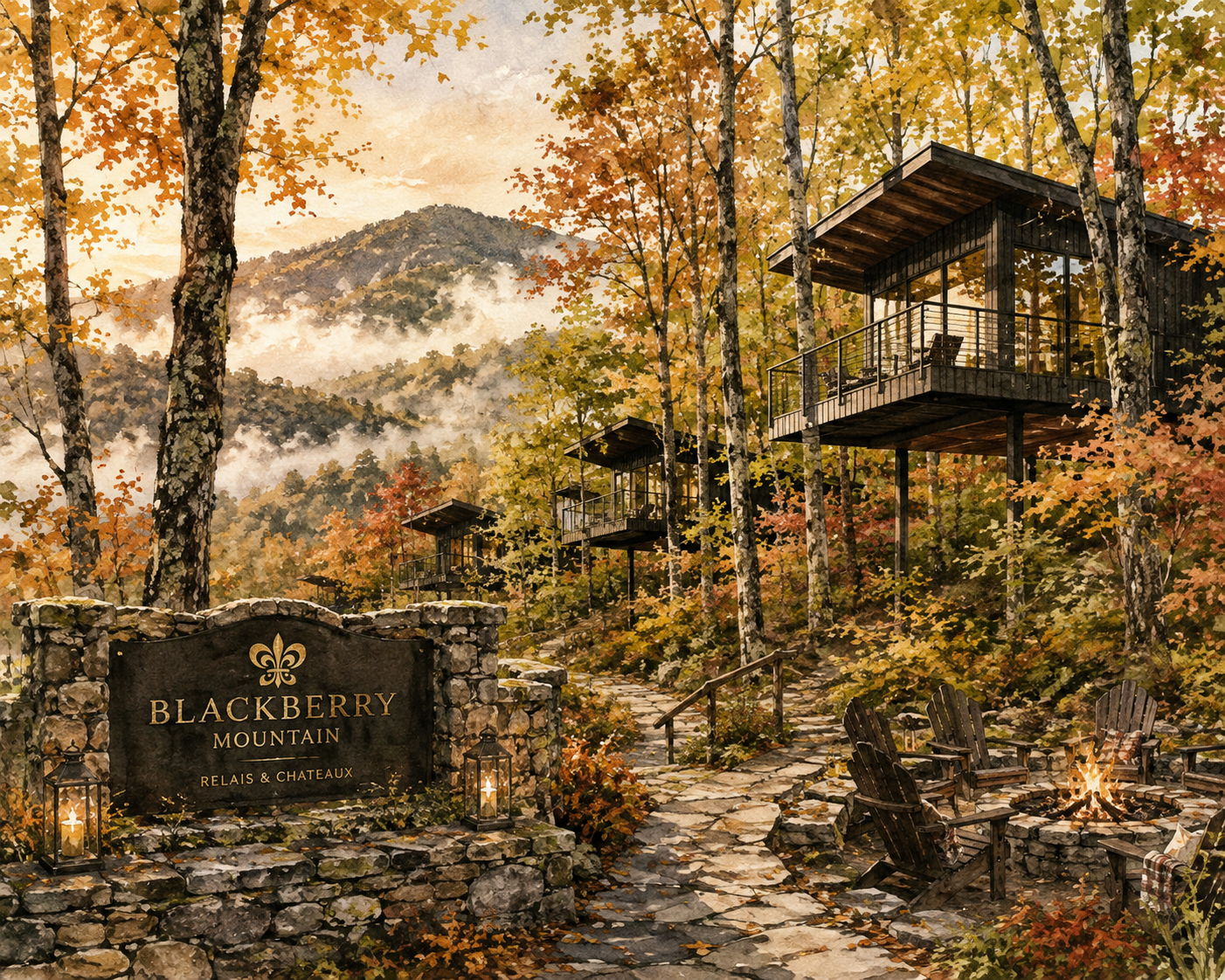 Fall illustration of Blackberry Mountain in Tennessee with luxury Treehouses tucked among colorful autumn trees and mountain views.