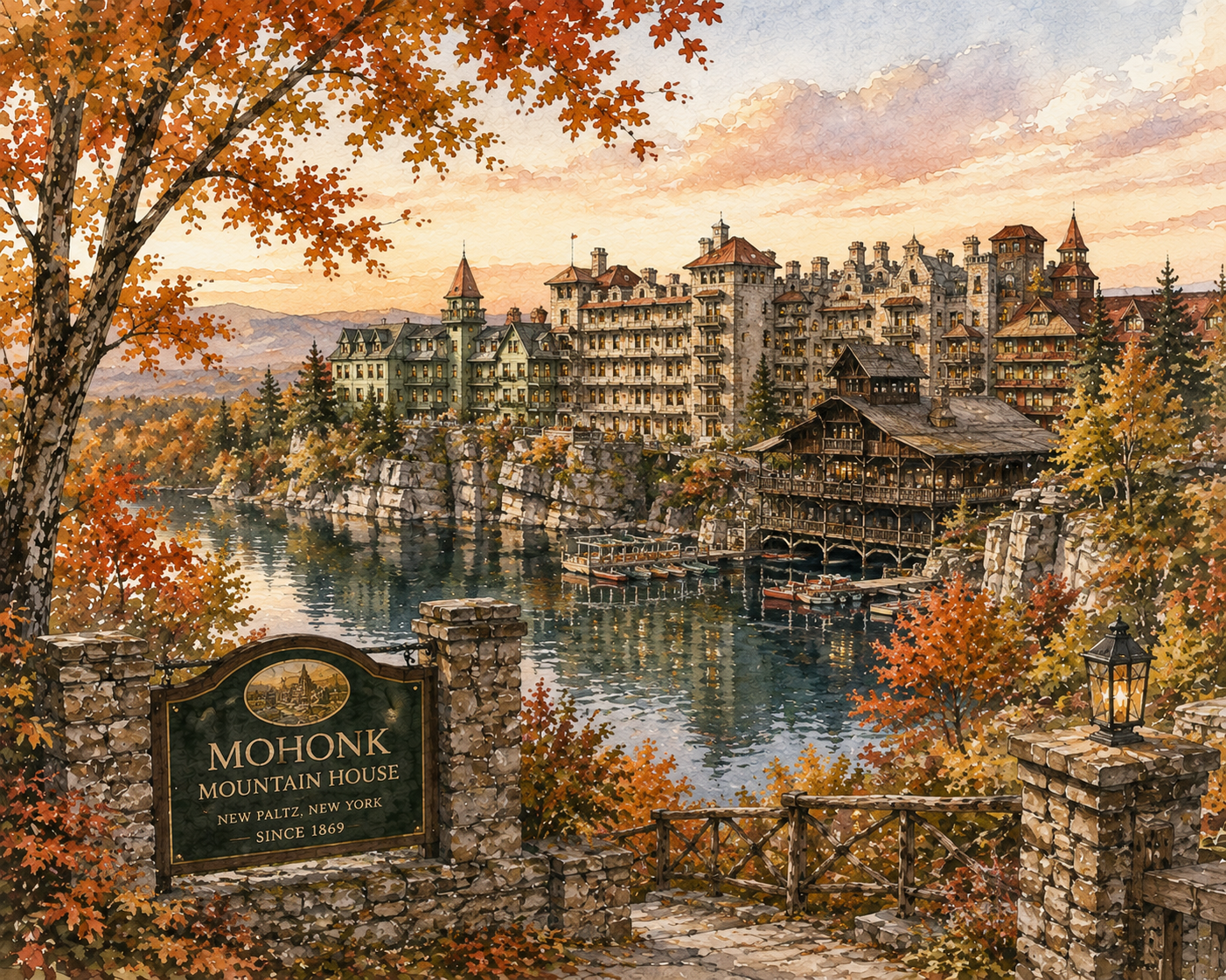 Fall illustration of Mohonk Mountain House in New York overlooking the lake and surrounded by colorful autumn foliage.