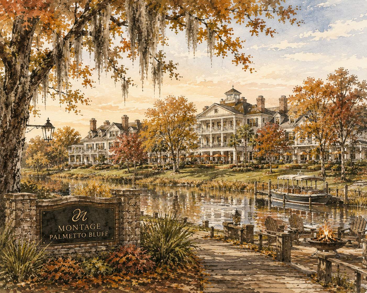 Fall illustration of Montage Palmetto Bluff in South Carolina with live oak trees, autumn colors and peaceful Lowcountry scenery.