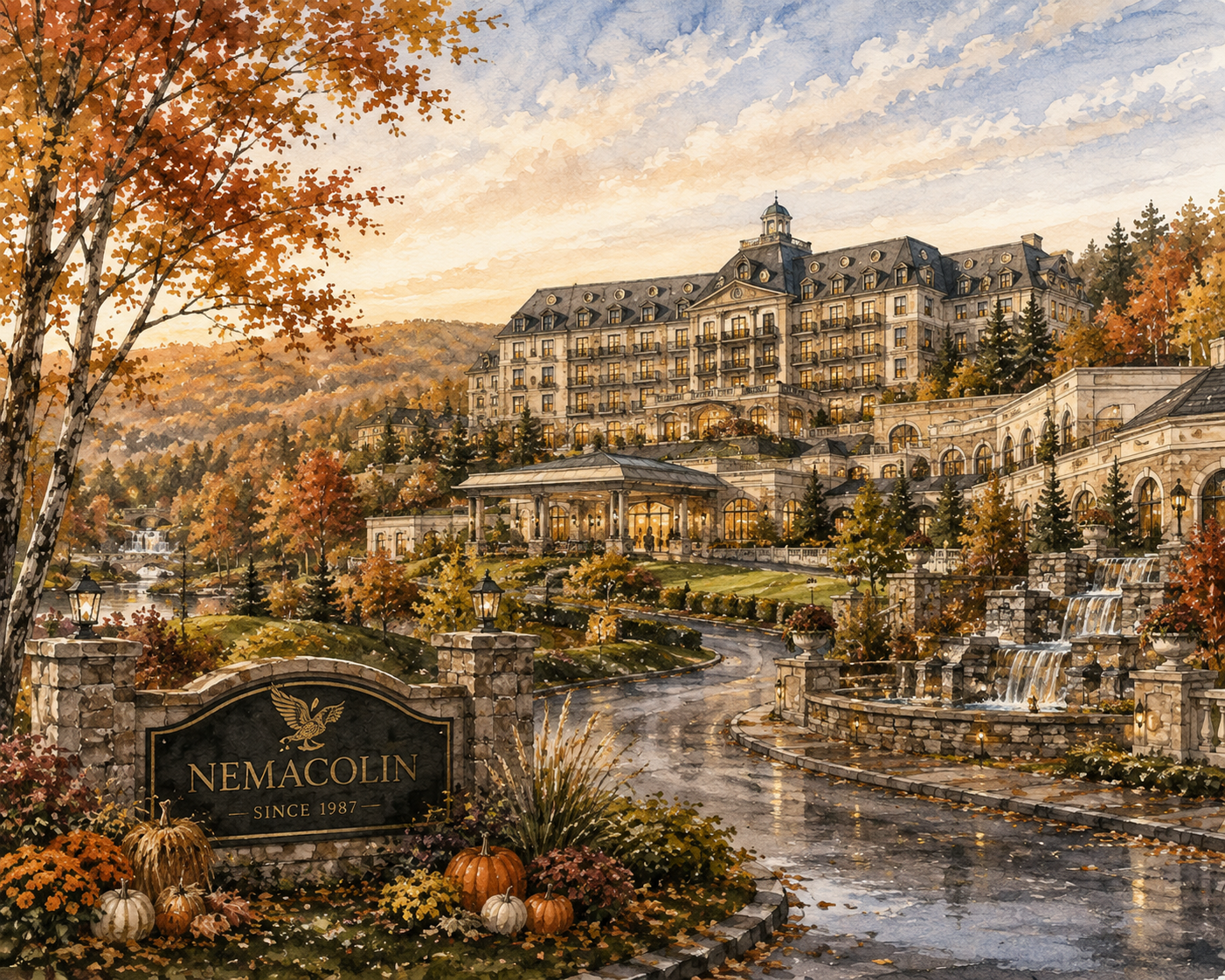 Fall illustration of Nemacolin in Pennsylvania surrounded by colorful autumn foliage and the rolling Laurel Highlands.